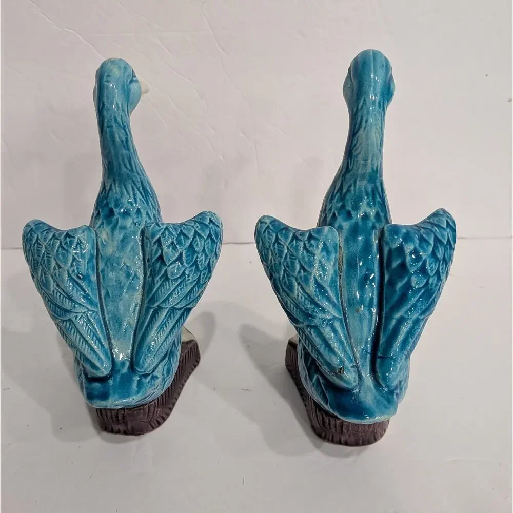 Vintage Turquoise Blue Glazed Ceramic Duck Figurines Pair Japan Chinoiserie